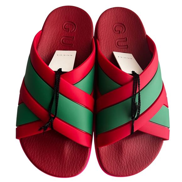 Gucci Red Green Striped Web Accent Rubber Sandals, IT37/US7 - Picture 1 of 16